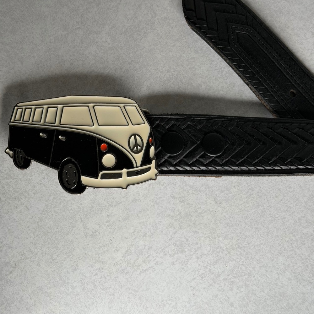 Vintage Black Leather Belt VW Bus‎ Hippie Buckle Sz 32 Funky Unique - Picture 5 of 10